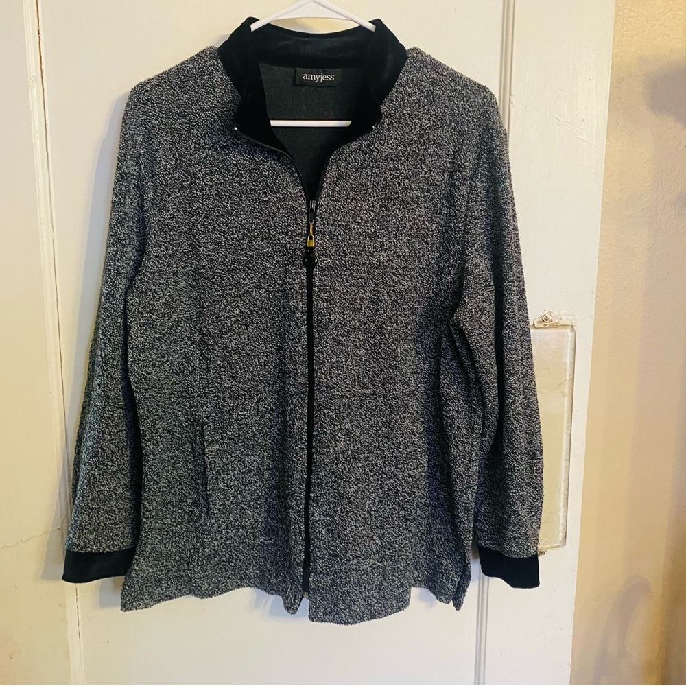 Amy Jess zip Up Sweater Vintage 90s Marled Black Pockets velvet Size Large